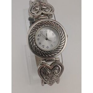 Accutime Watch Women 29mm Silver Case Heart Black Faux Leather Band- New Battery